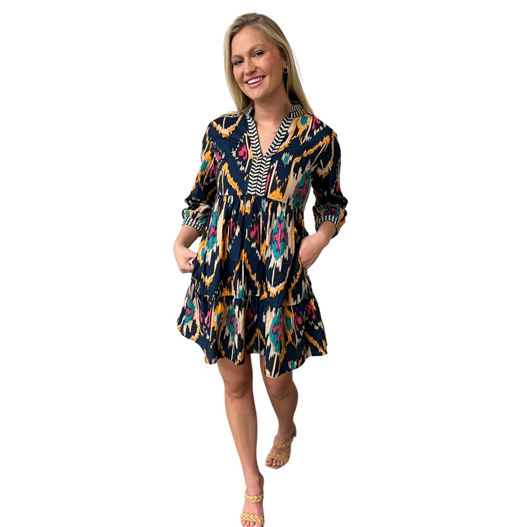 The Naomi Embroidered Trim Dress in Multi Colored Ikat
