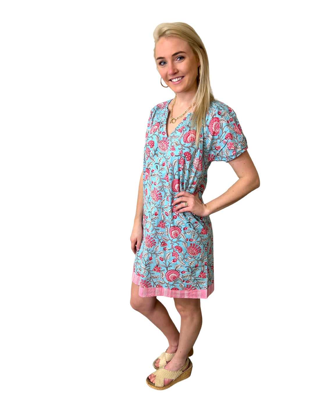 The Michelle Smock Neck Dress in Colorful Turquoise and Pink Block Print Floral — view 2