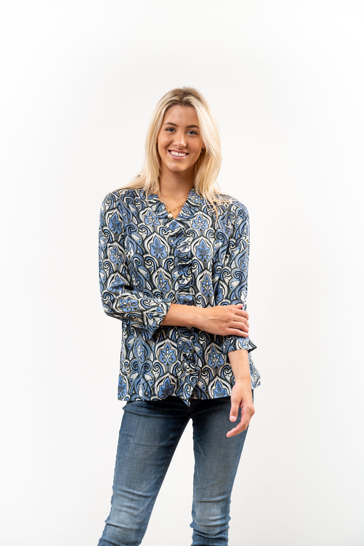 The Bessie Ruffle Front Blouse in Blue Multi Pattern — view 3