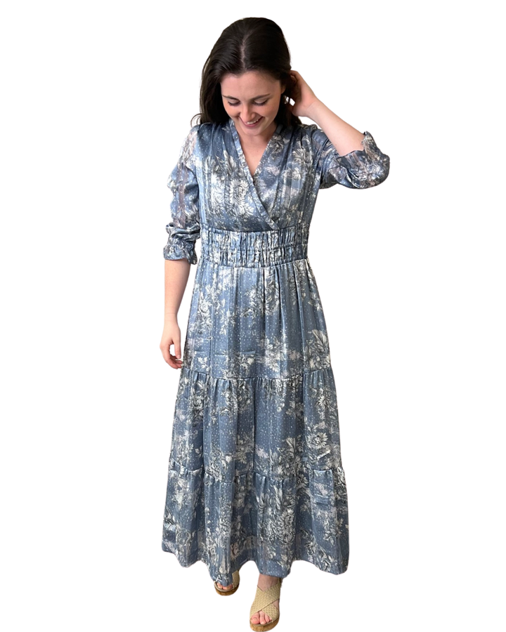 The Ryan Long Length Cinch Waist Dress in Cloud Blue — view 3