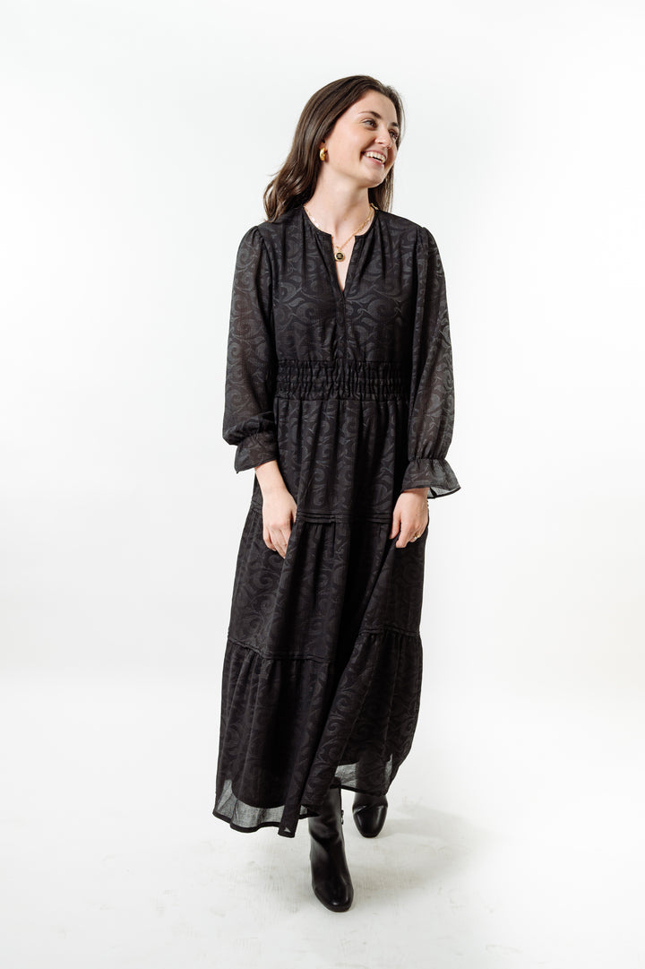 The Long Length Sydney Dress in Midnight Black Scroll — view 4