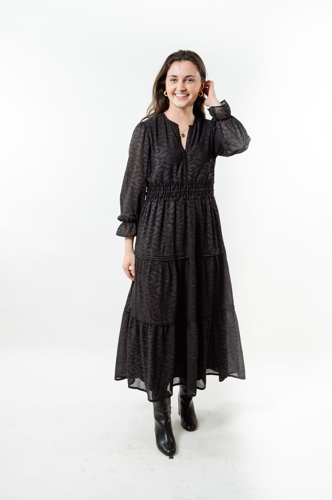 The Long Length Sydney Dress in Midnight Black Scroll — view 2