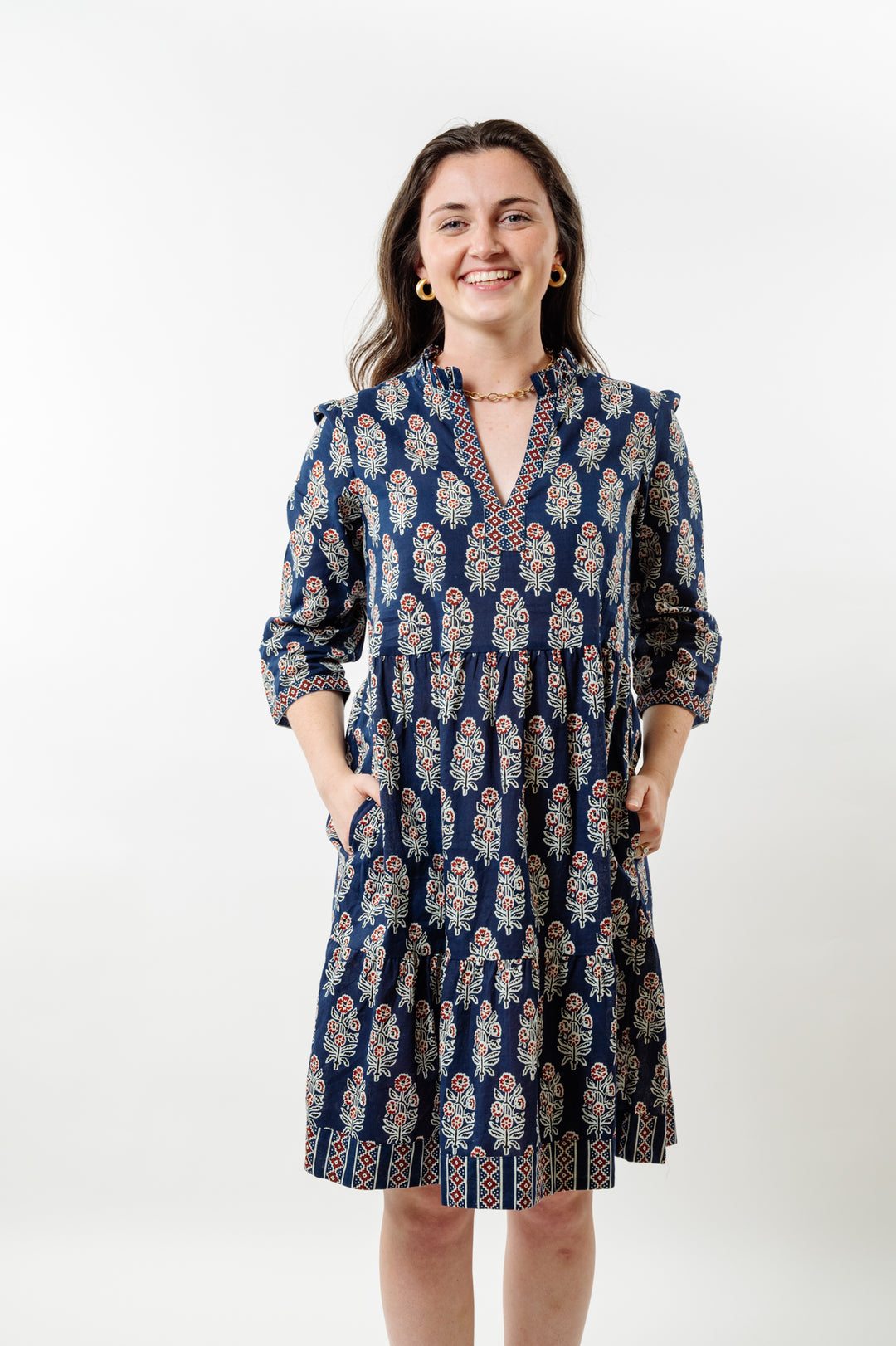 The Nina Cotton Block Print Dress in Navy and Cranberry — view 2