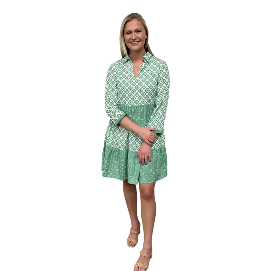 The Cali Cotton Block Print Dress in Jade Green and White — view 8