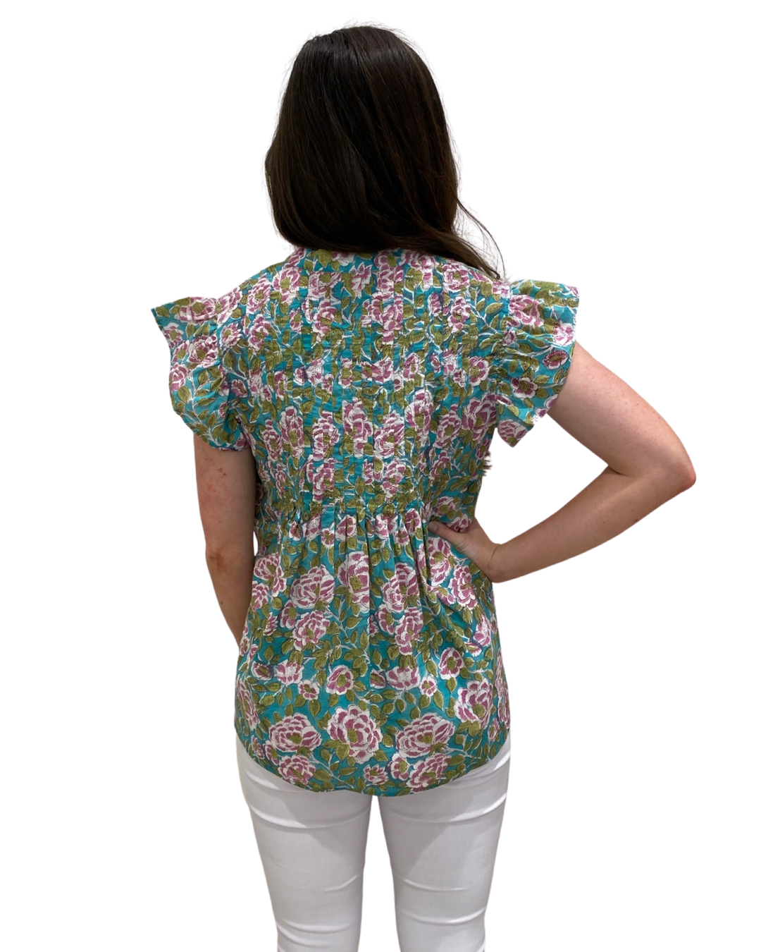 The Ava Button Front Pintuck Cotton Top in Emerald Handblock — view 4