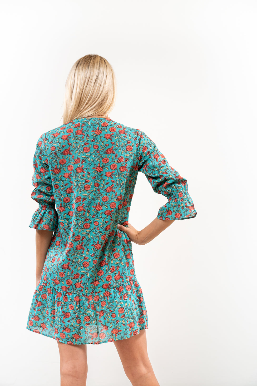 The Helena Jade Floral Cotton Button Front Smocking Detail Dress — view 5