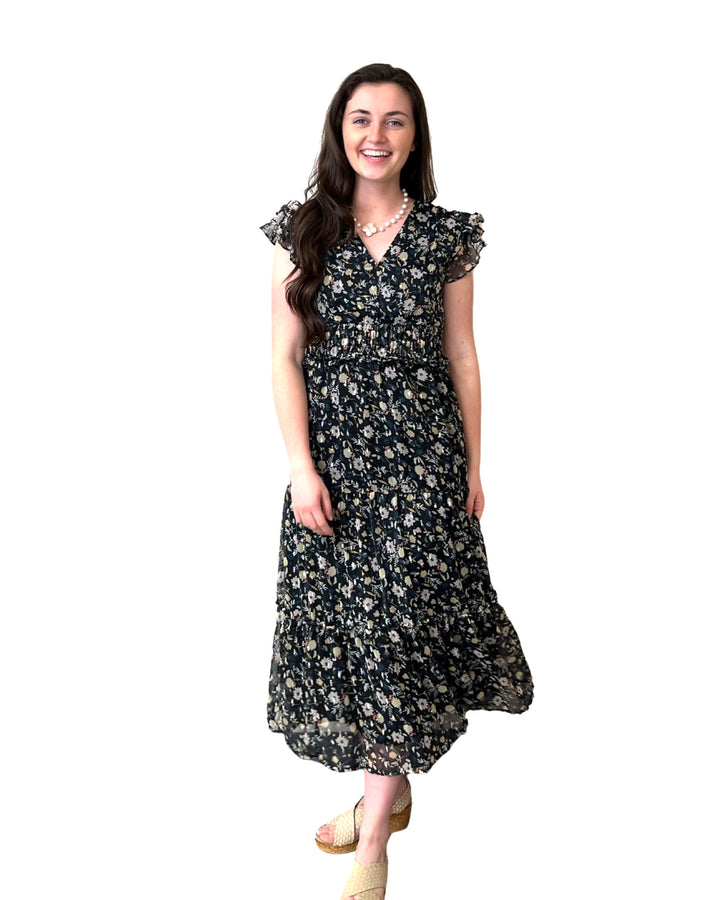 The Ryan Flutter Sleeve Floral Chiffon Dress