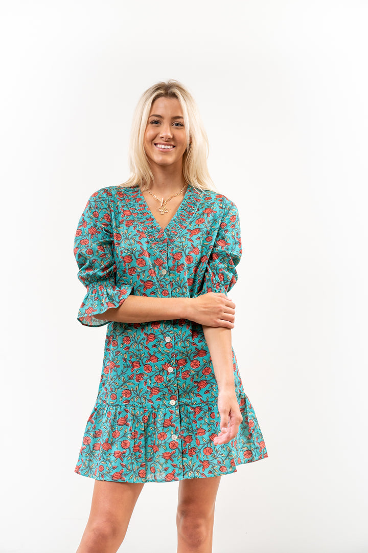 The Helena Jade Floral Cotton Button Front Smocking Detail Dress — view 2