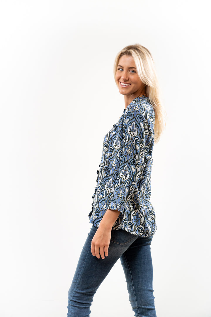 The Bessie Ruffle Front Blouse in Blue Multi Pattern — view 5