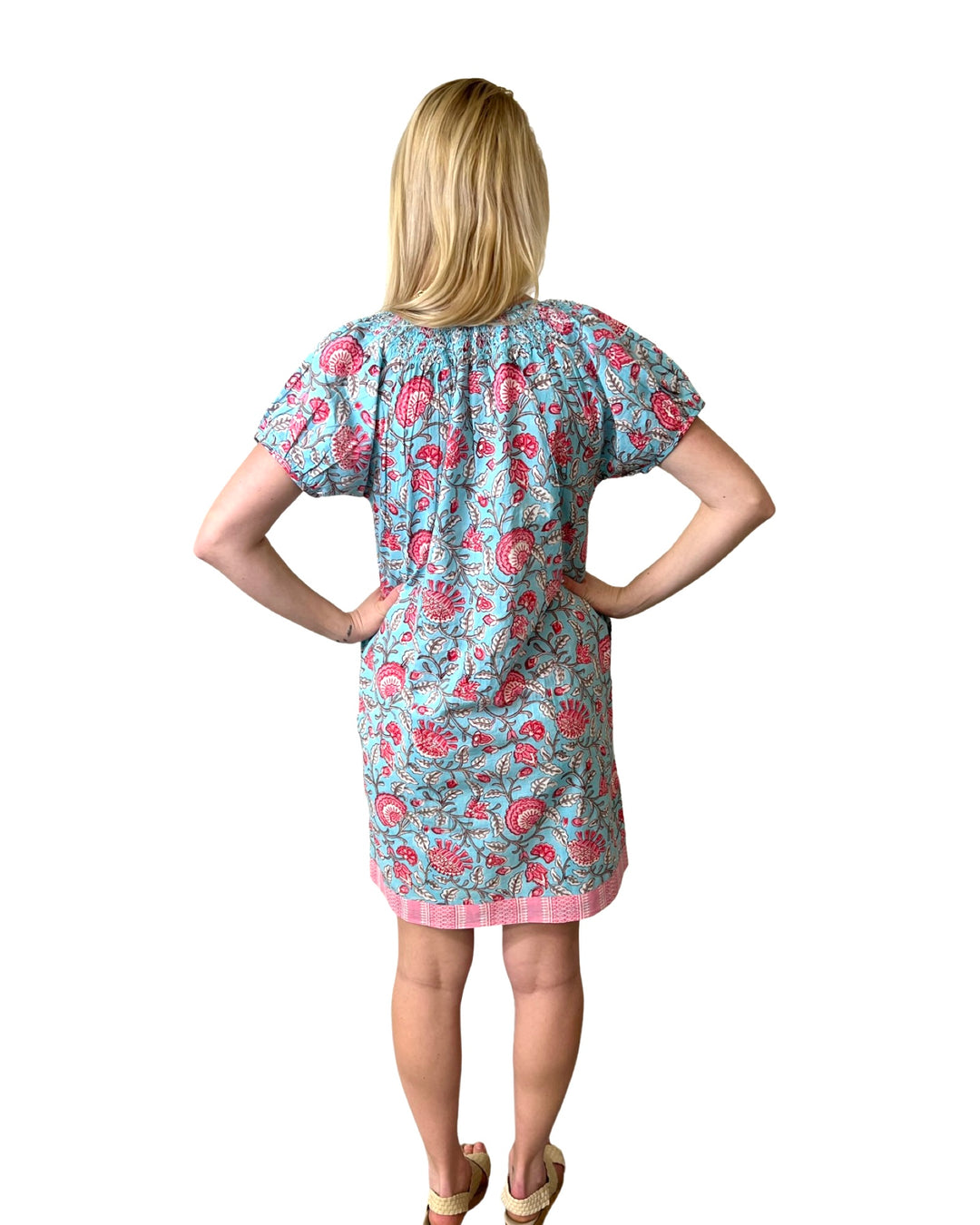 The Michelle Smock Neck Dress in Colorful Turquoise and Pink Block Print Floral — view 4