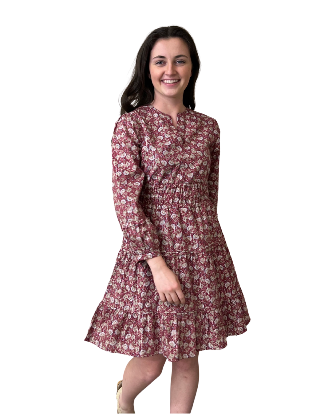 The Sydney Short Length Cinch Waist Dress in Cranberry Lurex Floral — view 7