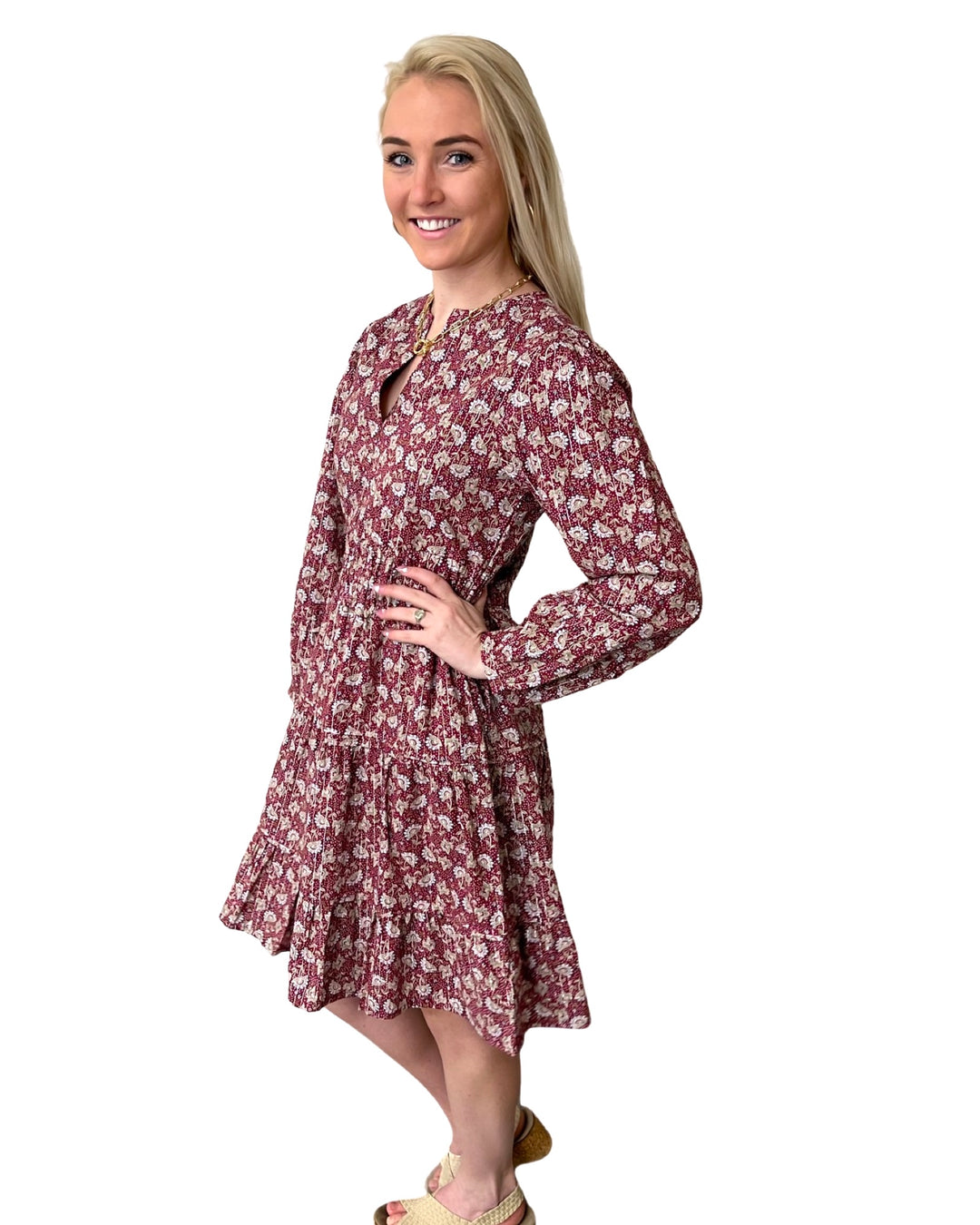 The Sydney Short Length Cinch Waist Dress in Cranberry Lurex Floral