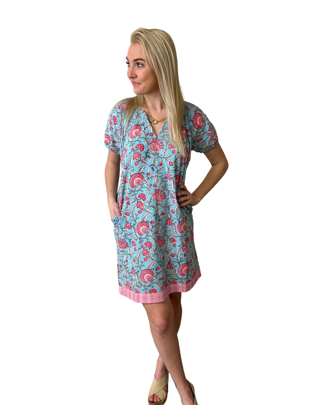 The Michelle Smock Neck Dress in Colorful Turquoise and Pink Block Print Floral — view 3