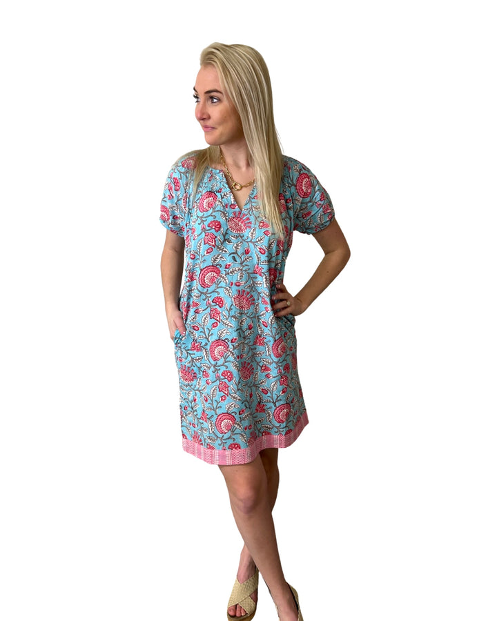 The Michelle Smock Neck Dress in Colorful Turquoise and Pink Block Print Floral — view 3