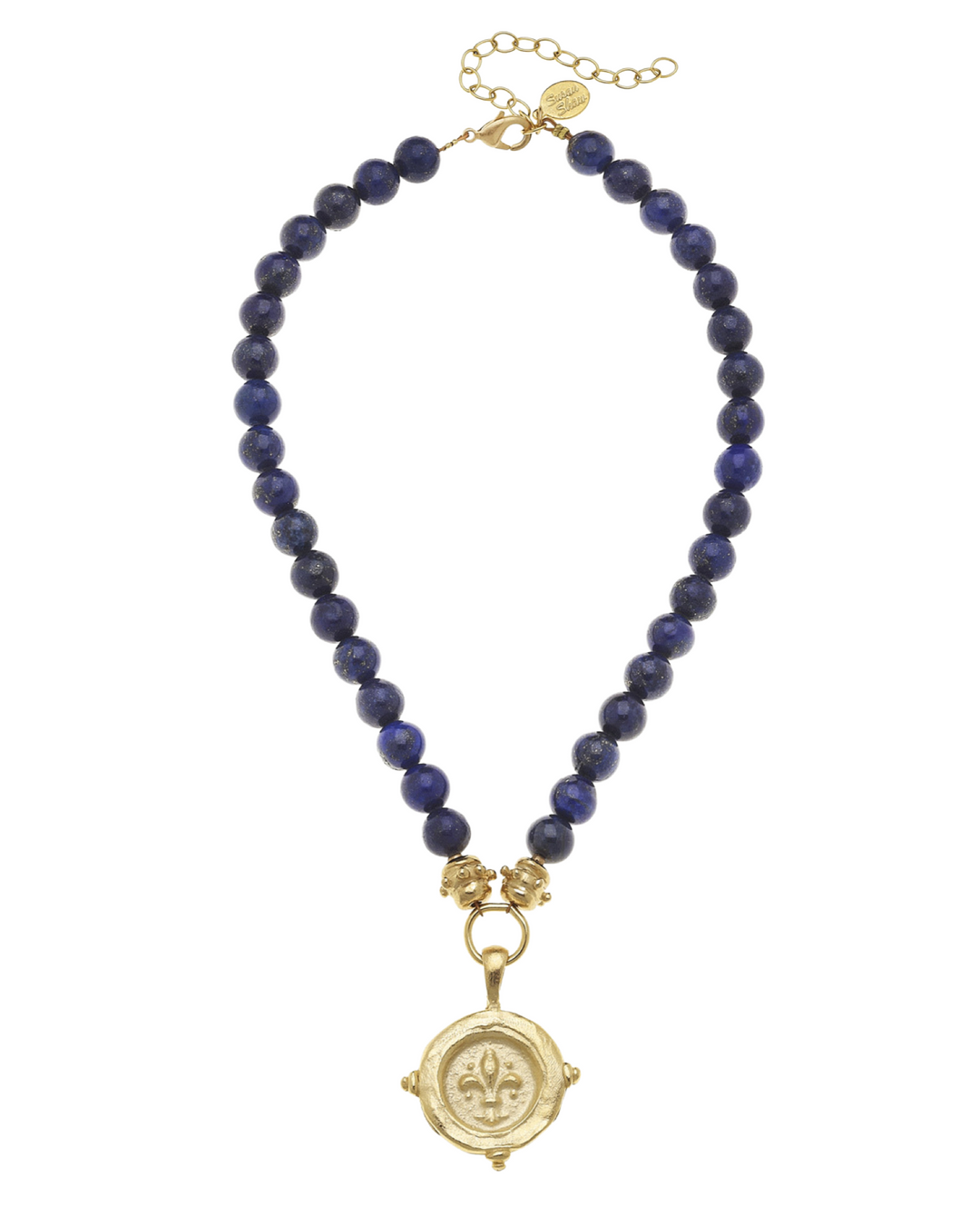Hand Cast Lapis Necklace with Fleur de lis Medallion