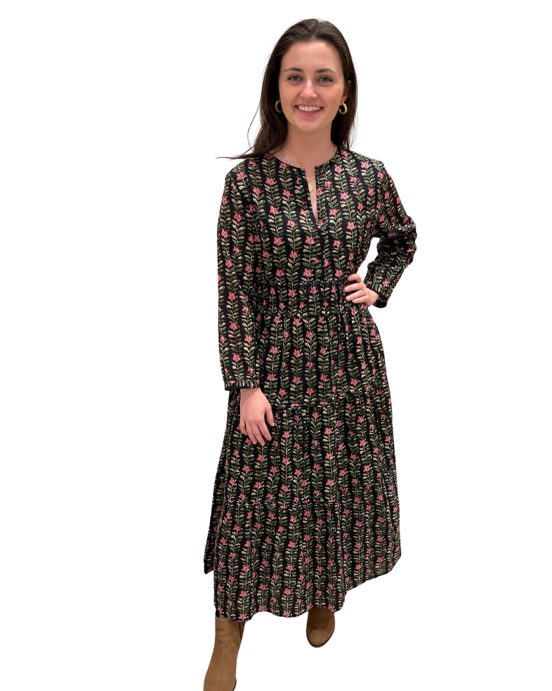 The Sydney Long Floral Cinch Waist Dress in Midnight Black Floral