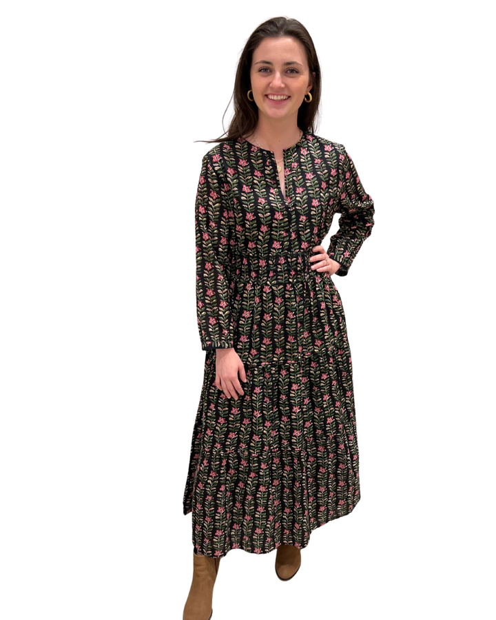The Sydney Long Floral Cinch Waist Dress in Midnight Black Floral