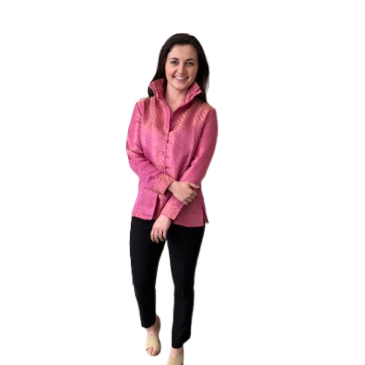 The Diana Button Front Ruffle Collar Top in Pink and Gold Jaquard — view 6