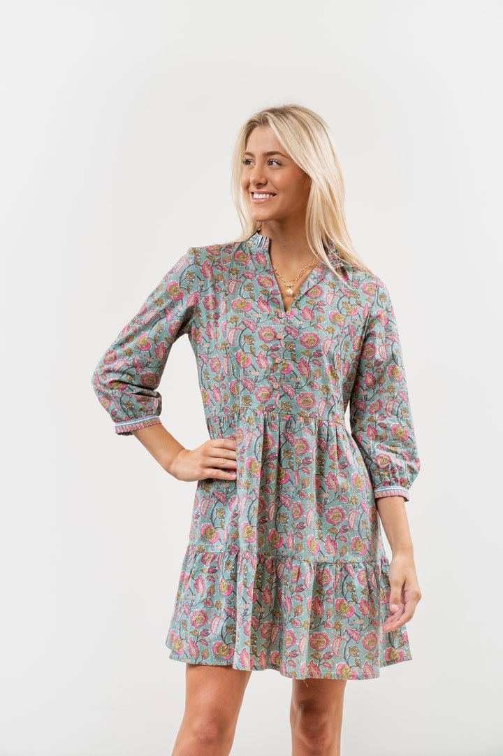 The Genevieve Cotton Block Print Dress in Pink and Green Floral