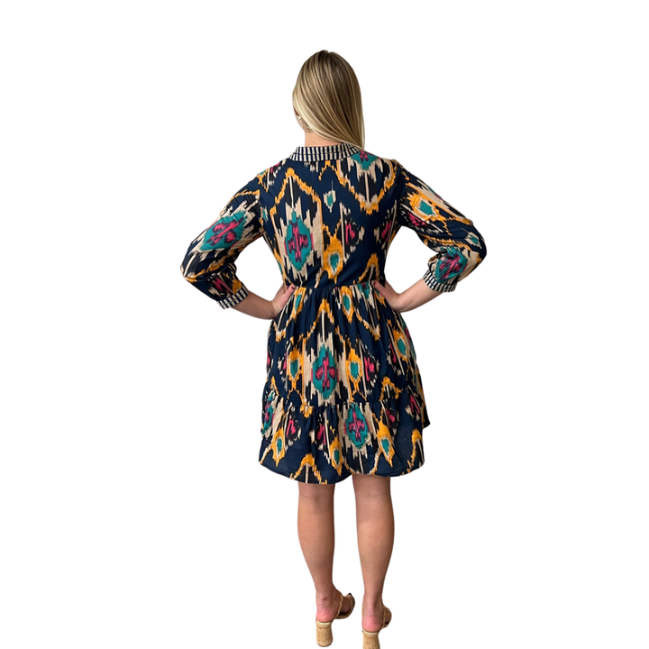 The Naomi Embroidered Trim Dress in Multi Colored Ikat — view 3
