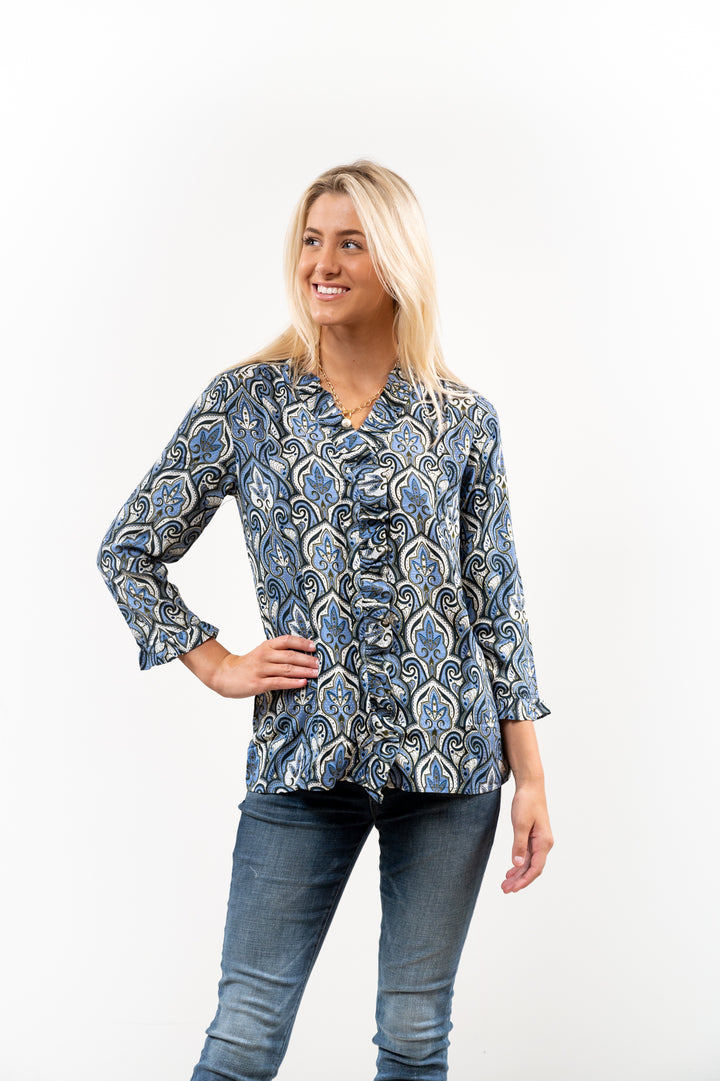 The Bessie Ruffle Front Blouse in Blue Multi Pattern — view 2