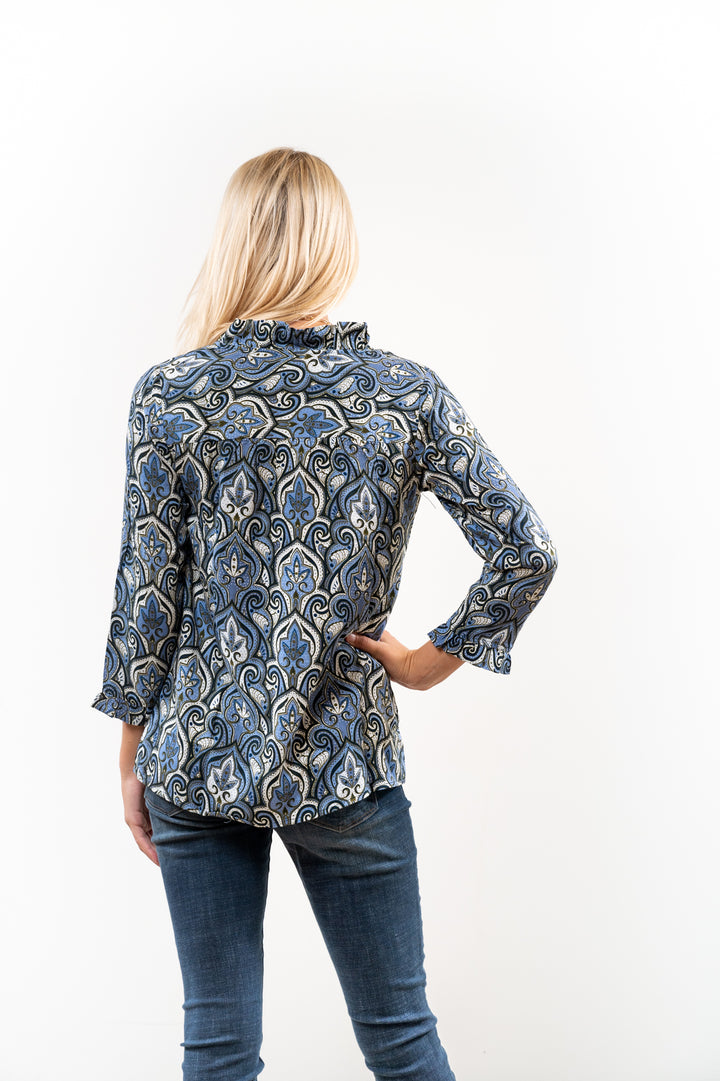 The Bessie Ruffle Front Blouse in Blue Multi Pattern — view 4