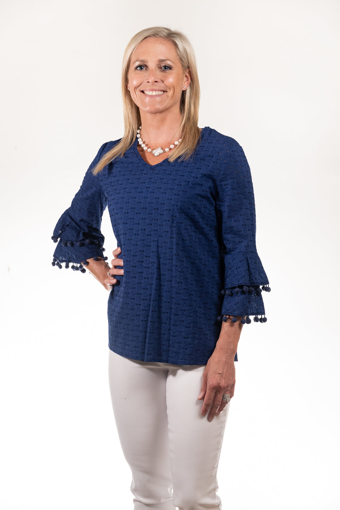 The Navy Blue Bayly Top in Cotton Eyelet