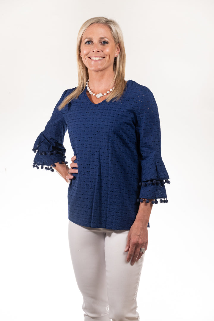 The Navy Blue Bayly Top in Cotton Eyelet