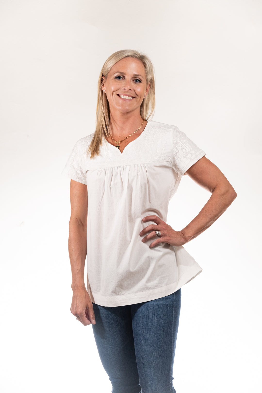 The Aubrey Ivory on White Embroidered Cotton Top — view 5