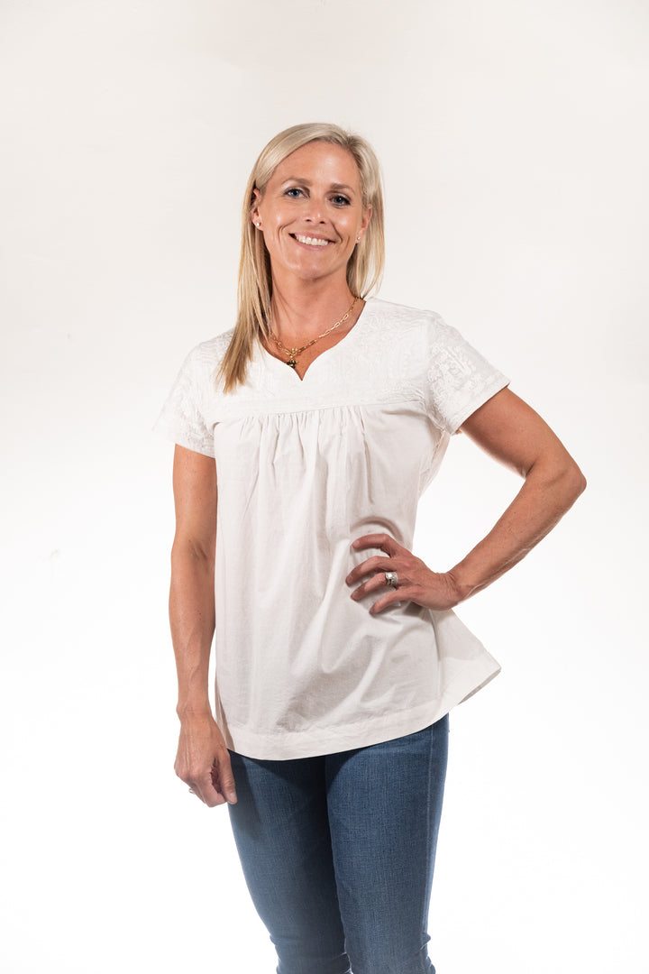 The Aubrey Ivory on White Embroidered Cotton Top — view 5