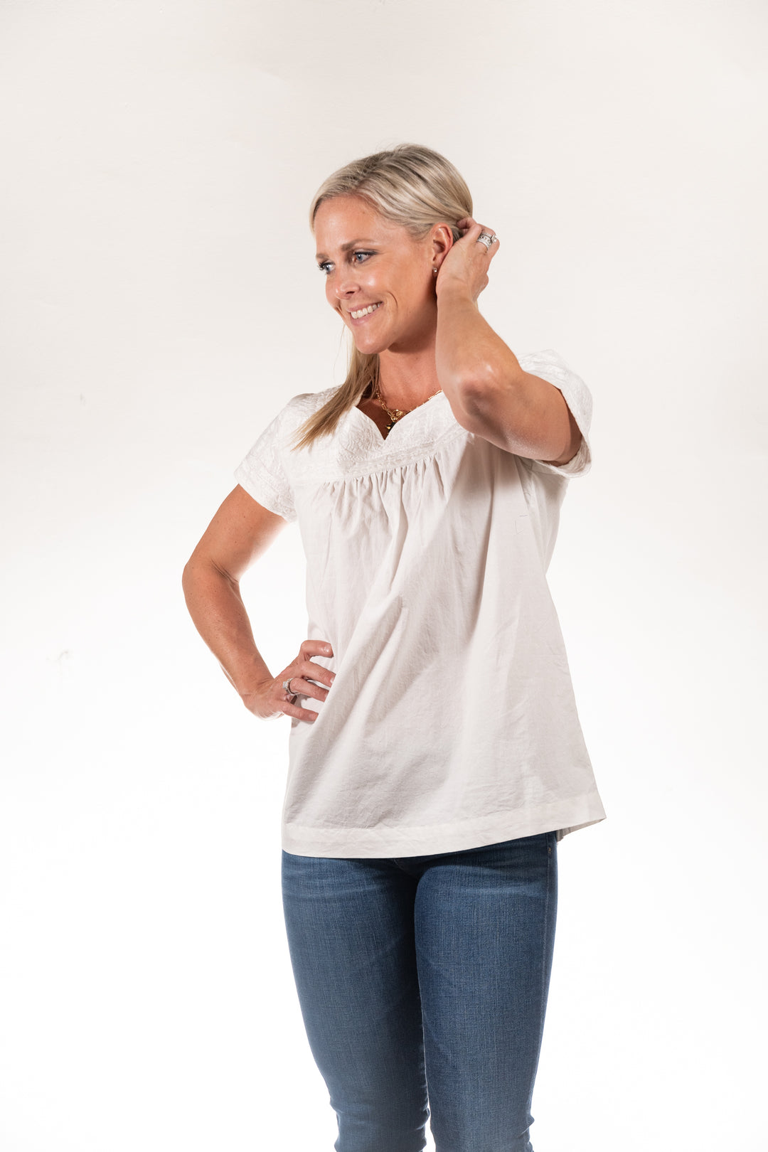 The Aubrey Ivory on White Embroidered Cotton Top — view 3