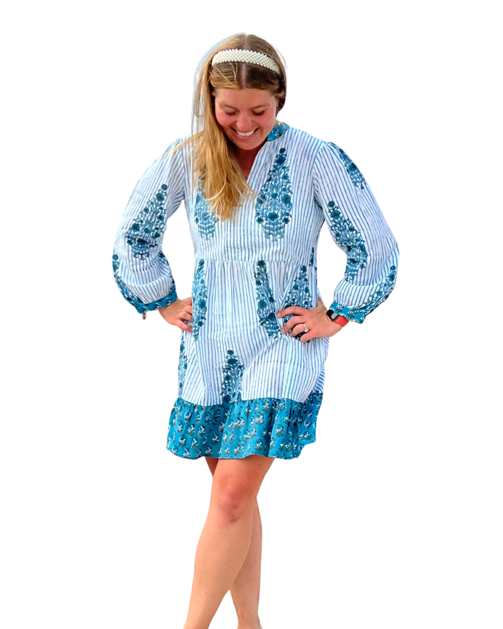 The Cotton Block Print Louisa Dress in Teal — view 4