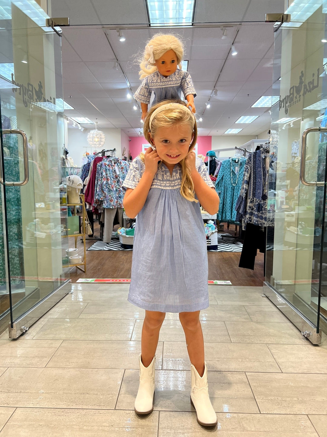 The Aubrey Embroidered Blue and White Cotton Dress For Girls — view 4