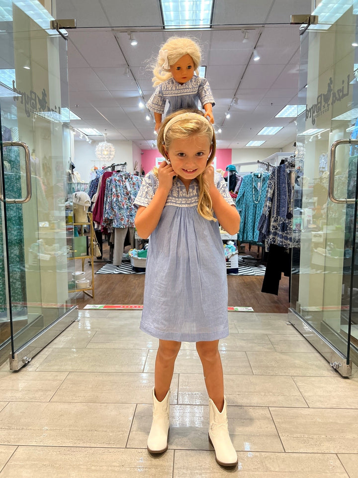The Aubrey Embroidered Blue and White Cotton Dress For Girls — view 4