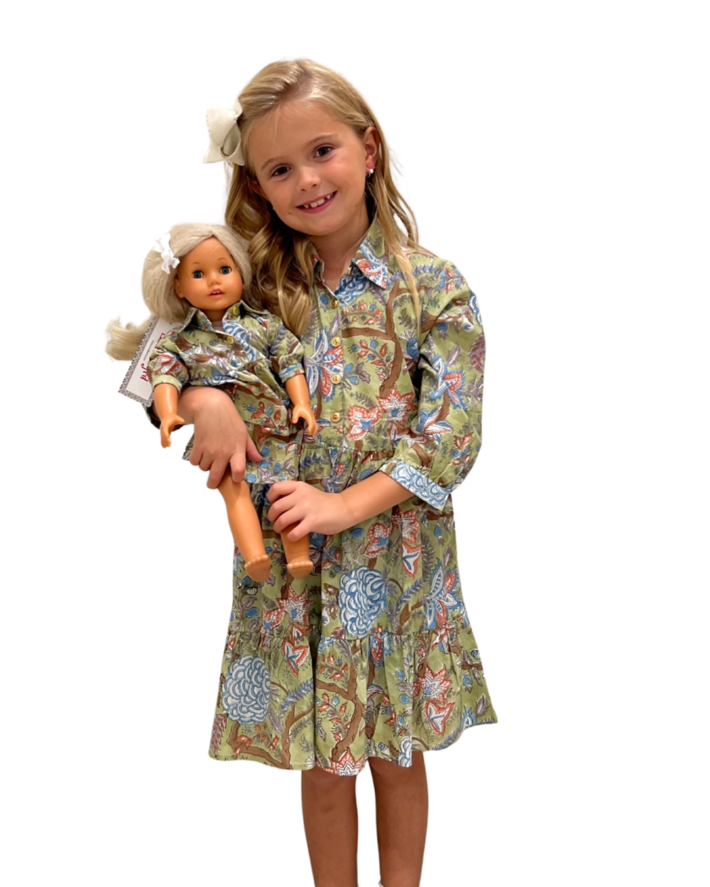 The Nicolette Cotton Floral Block Print Dress in Celery — view 2