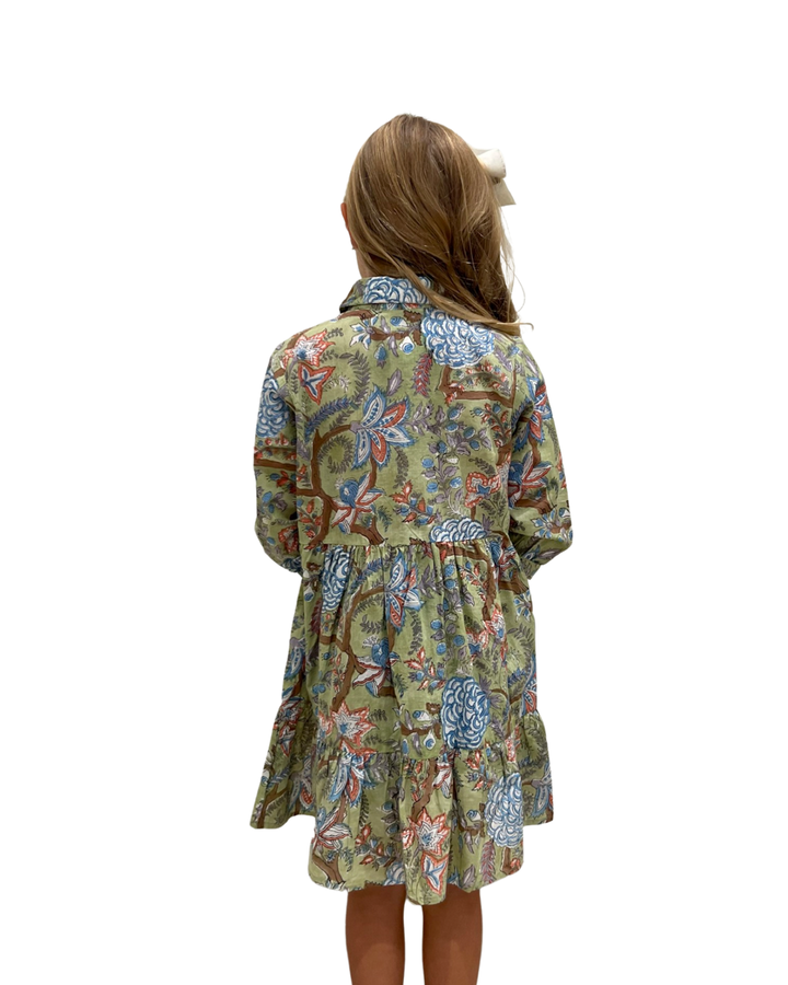 The Nicolette Cotton Floral Block Print Dress in Celery — view 4
