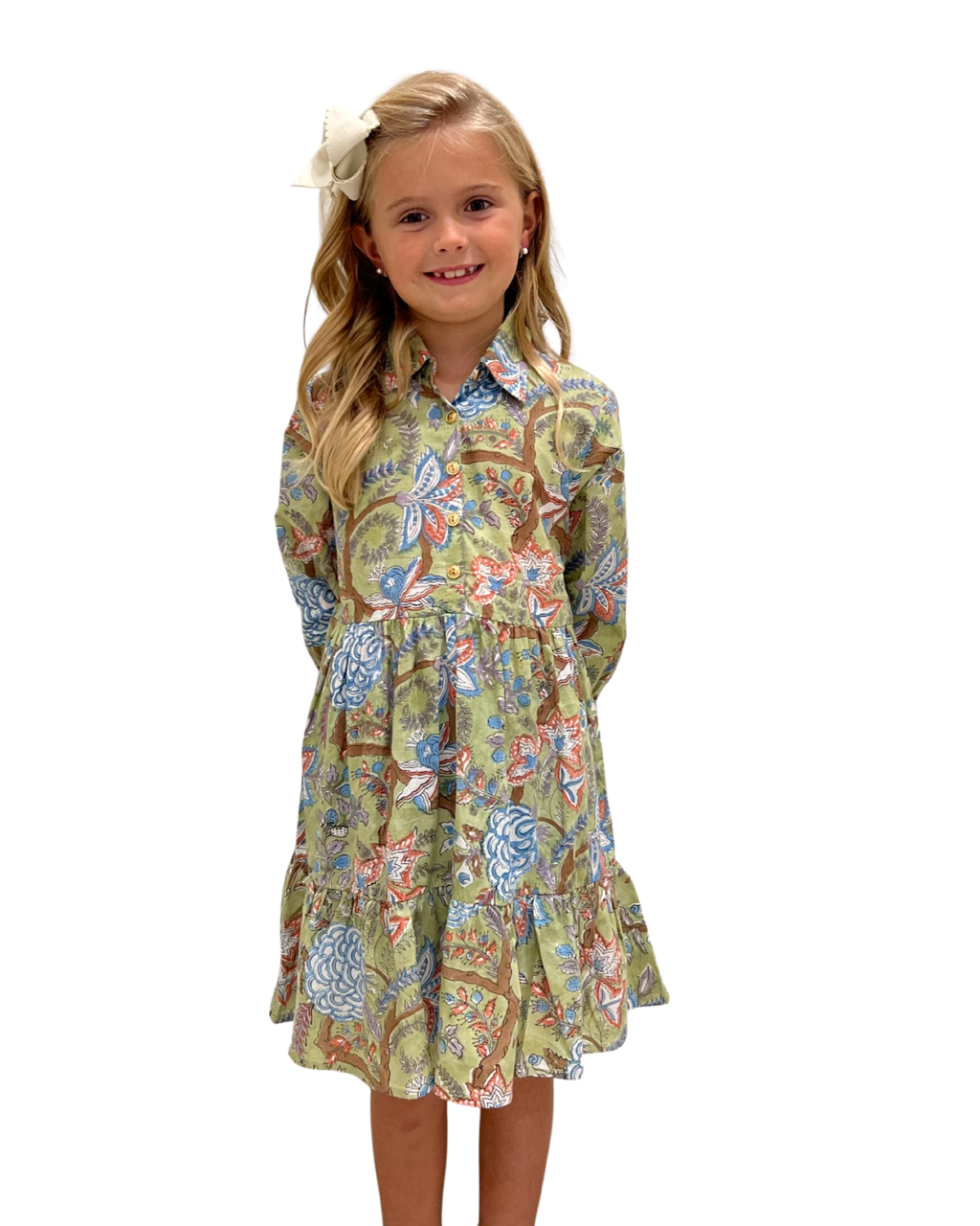 The Nicolette Cotton Floral Block Print Dress in Celery — view 3