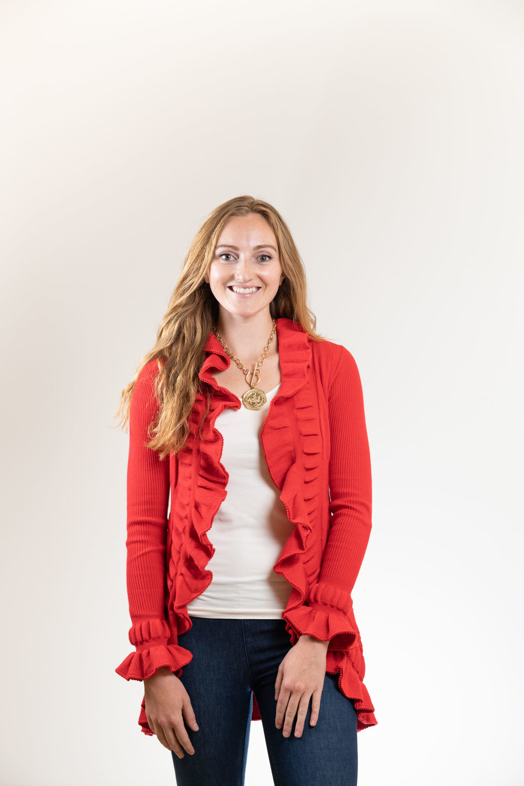 The Paige Ruffle Cardigan in Red — view 2