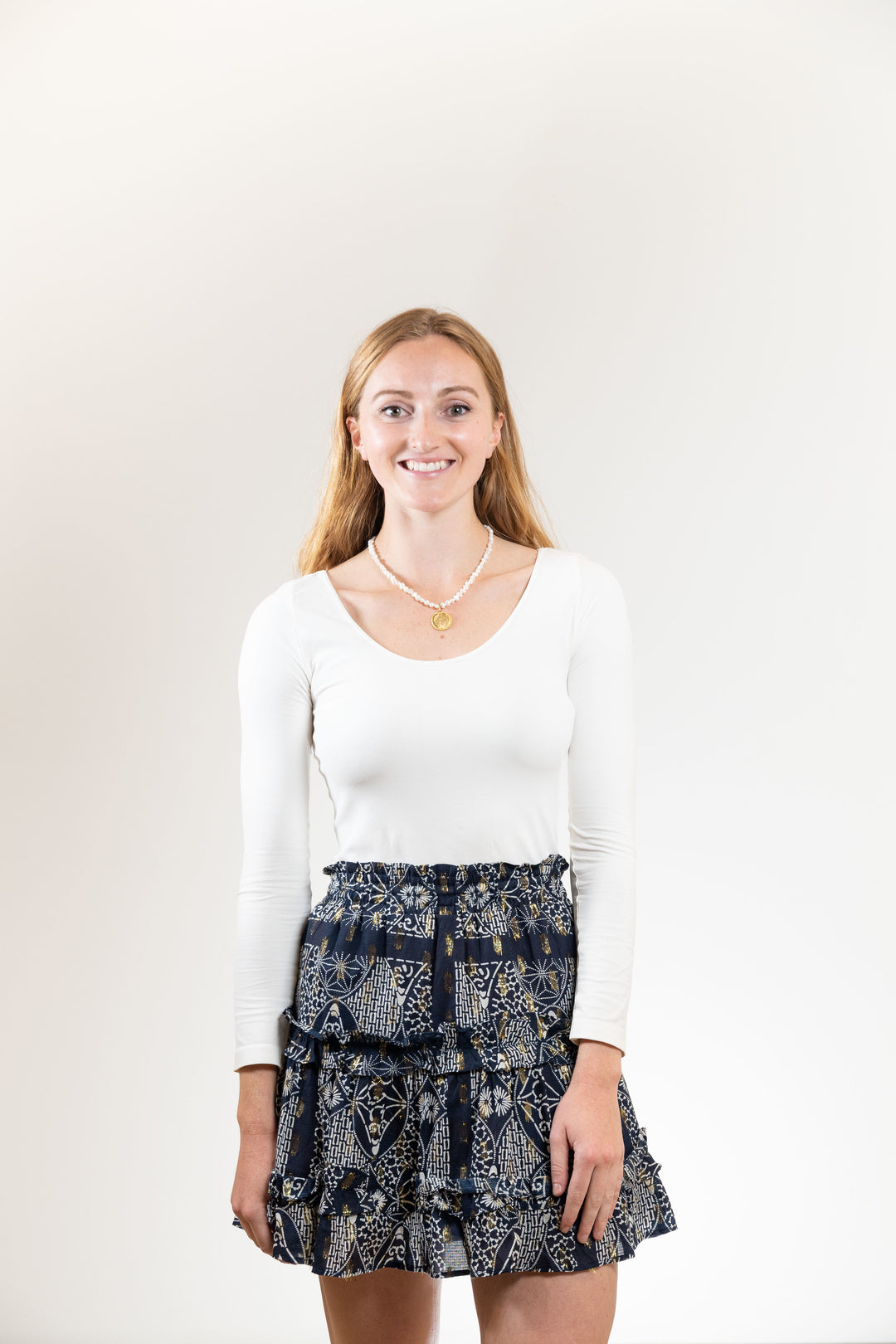 The Kara Elastic Waist Skirt in Navy and Gold — view 5