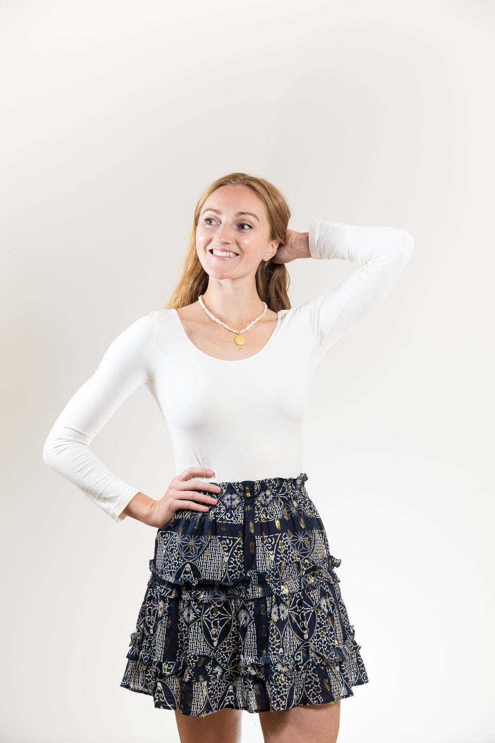 The Kara Elastic Waist Skirt in Navy and Gold — view 2