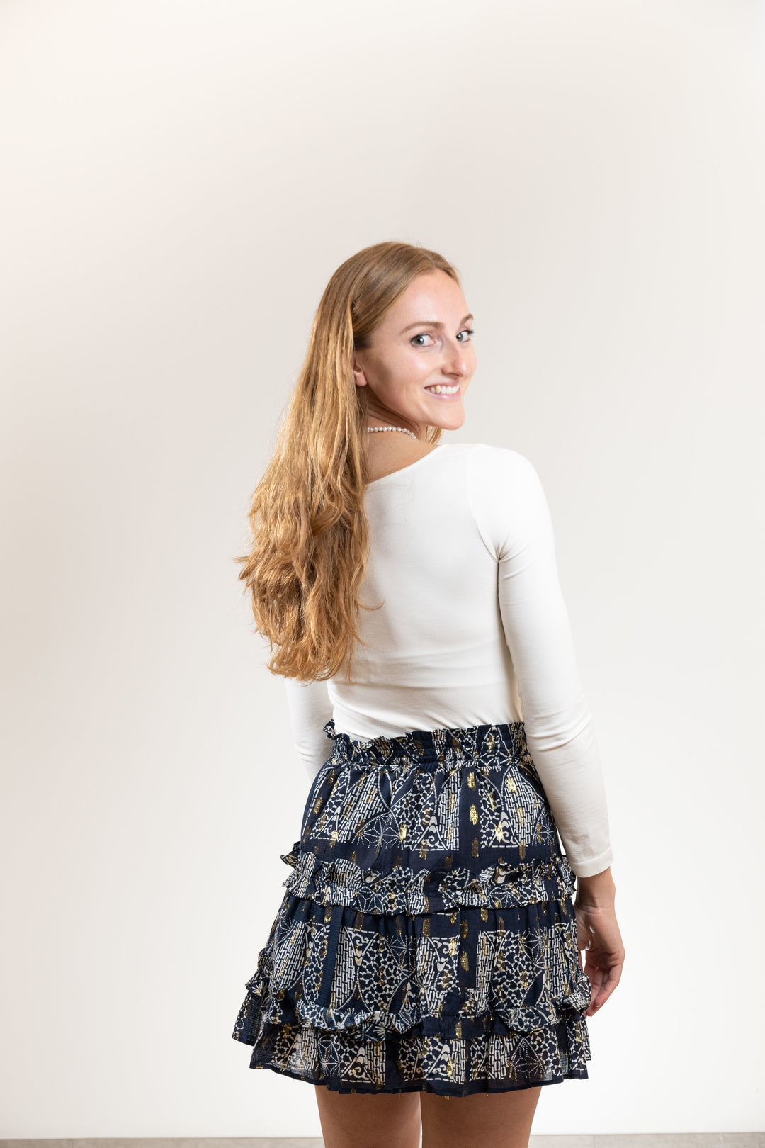 The Kara Elastic Waist Skirt in Navy and Gold — view 3