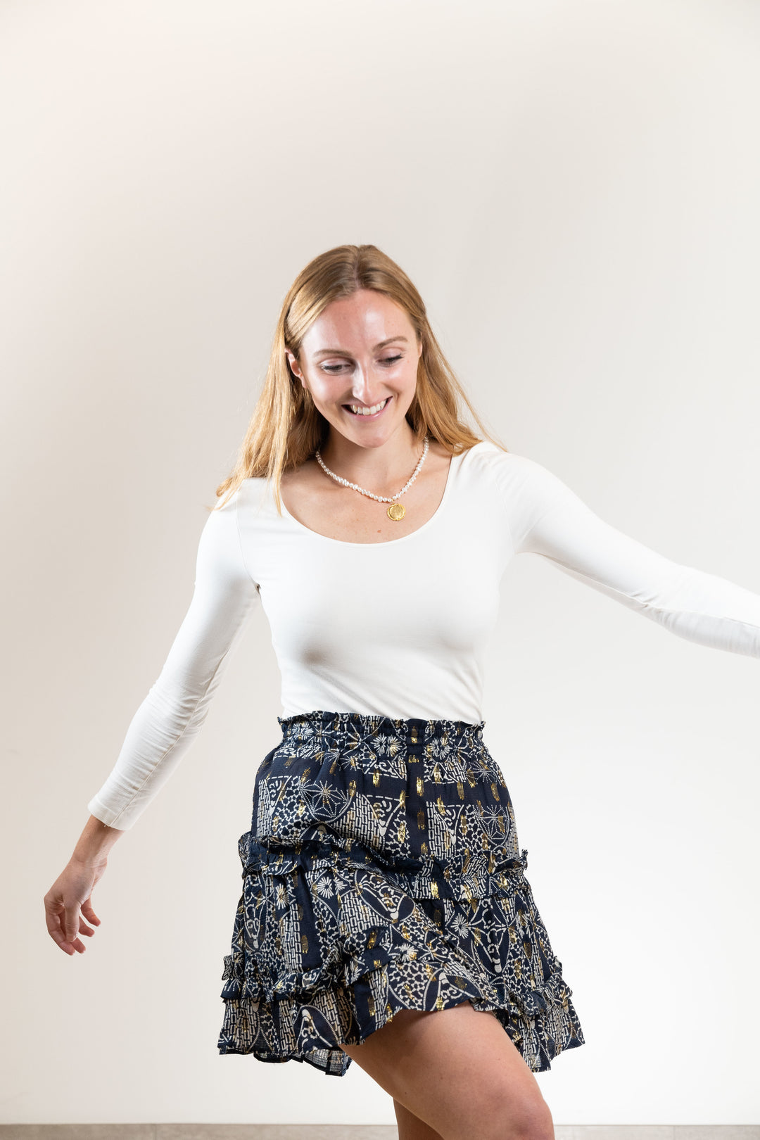The Kara Elastic Waist Skirt in Navy and Gold
