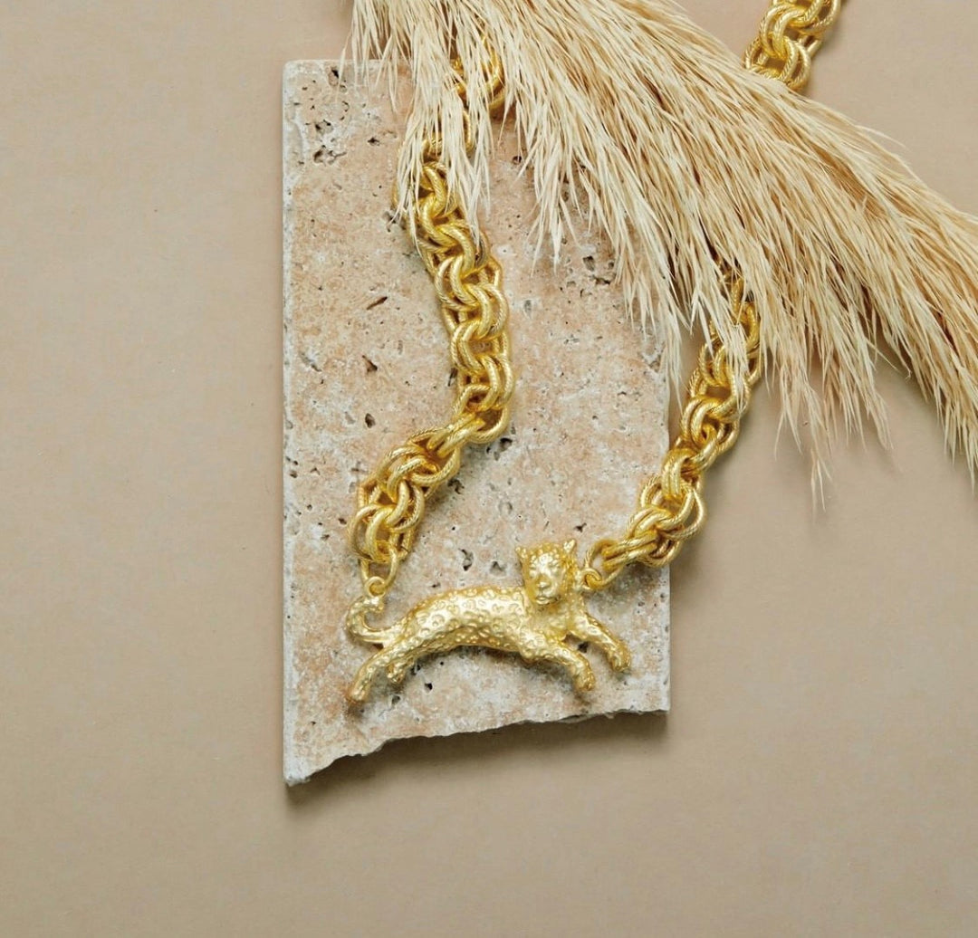 Gold Chain Link Hand Cast Leopard Necklace — view 3