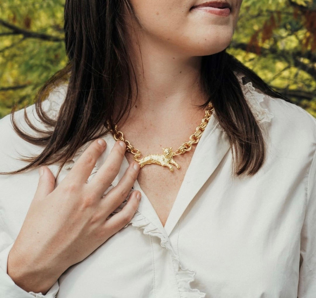 Gold Chain Link Hand Cast Leopard Necklace — view 2