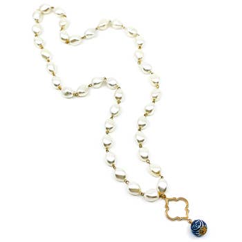 Pearl Long China Blue Cutout Spade Necklace