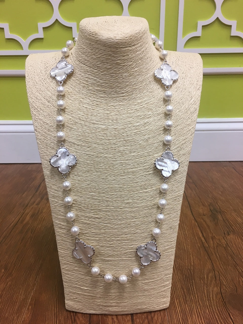 The Georgia Long Length Clover Pearl Necklace in Silver
