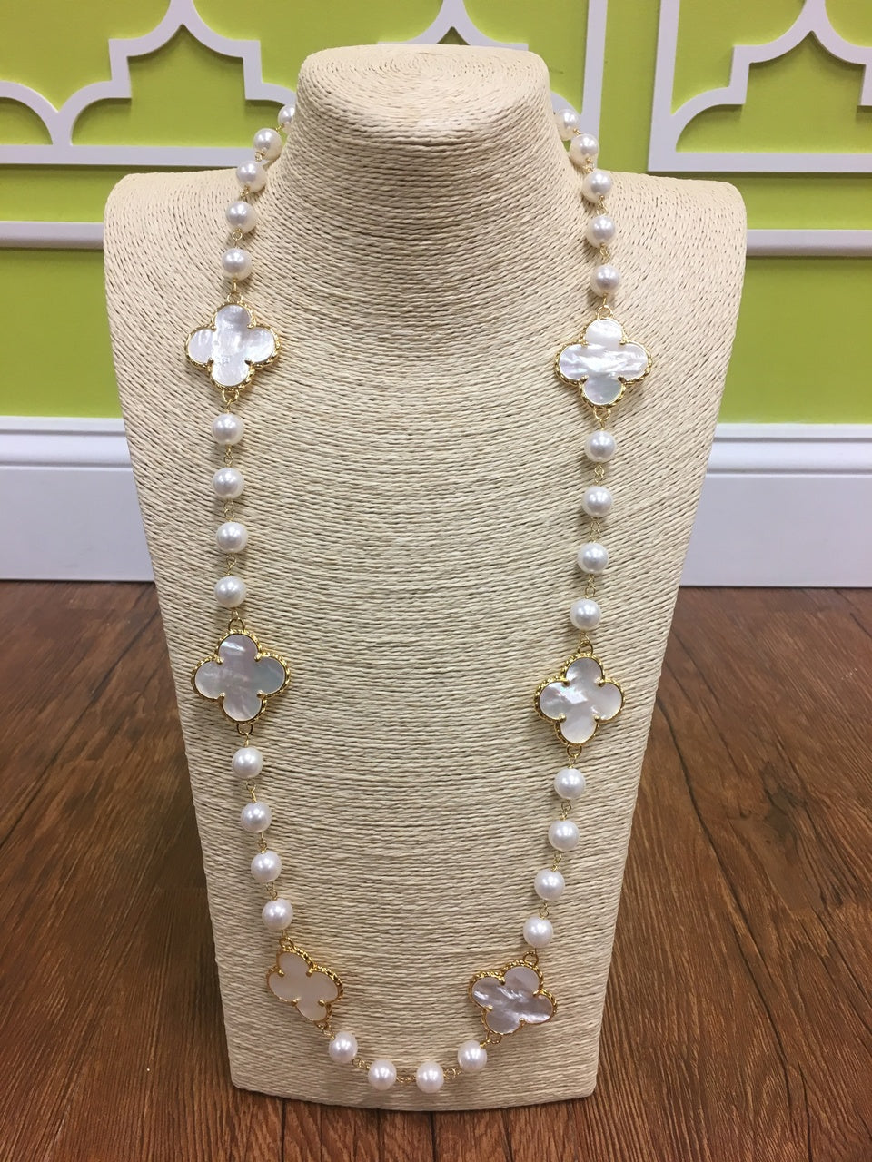 The Georgia Long Length Clover Pearl Necklace in Gold