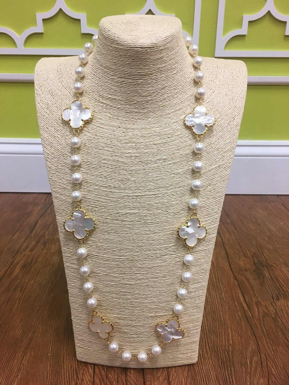 The Georgia Long Length Clover Pearl Necklace