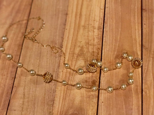 Long Pearl Filigree Ball Necklace in Gold — view 3