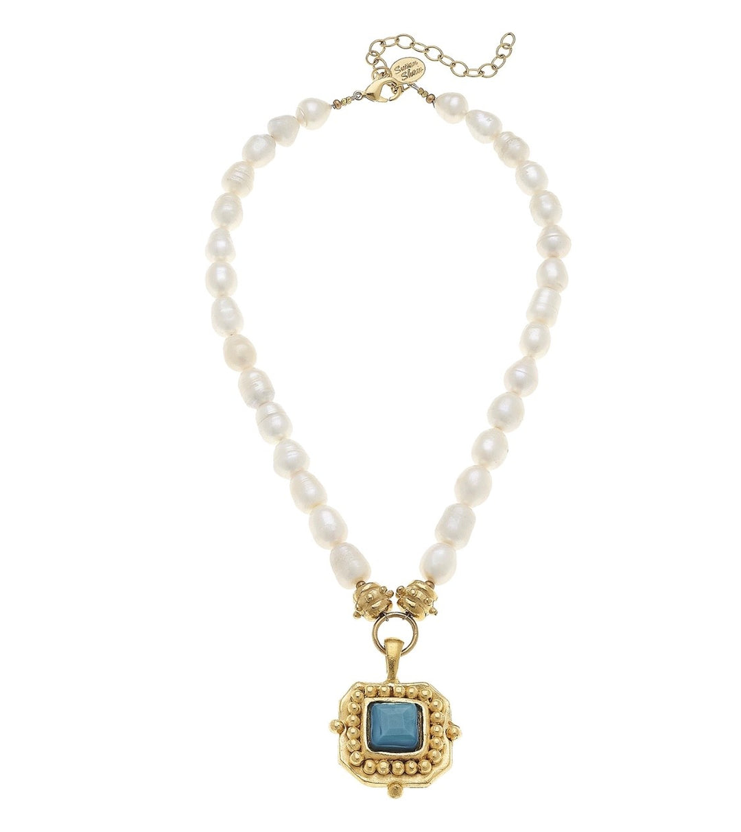 Handcast Gold Teal Crystal Pendant Pearl Necklace